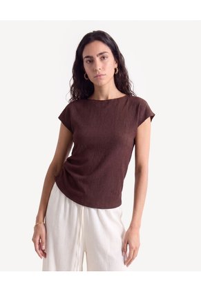 Camiseta Texturizada De Manga Corta Para Mujer Café Seven Seven