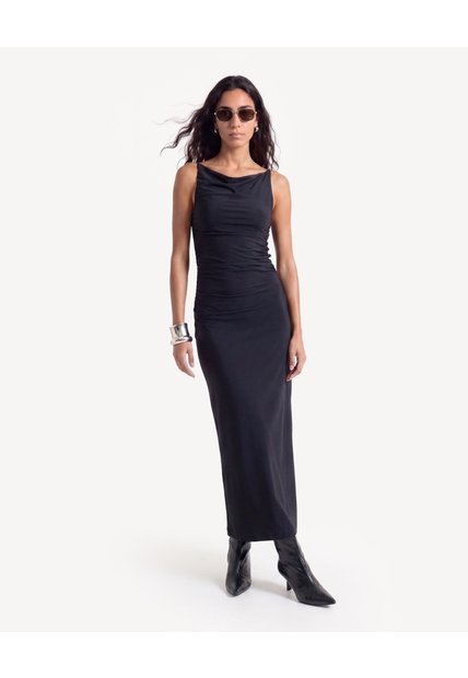 Vestido Largo Con Recogidos  Para Mujer Negro Seven Seven