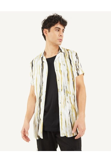 Camisa Resort Rayas Distorsión  Para Hombre Amarillo Seven Seven