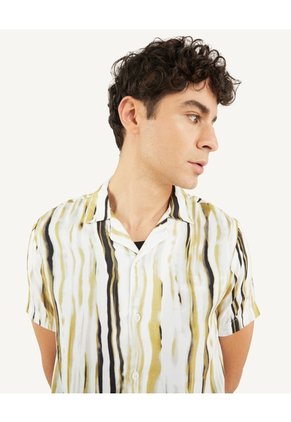 Camisa Resort Rayas Distorsión  Para Hombre Amarillo Seven Seven