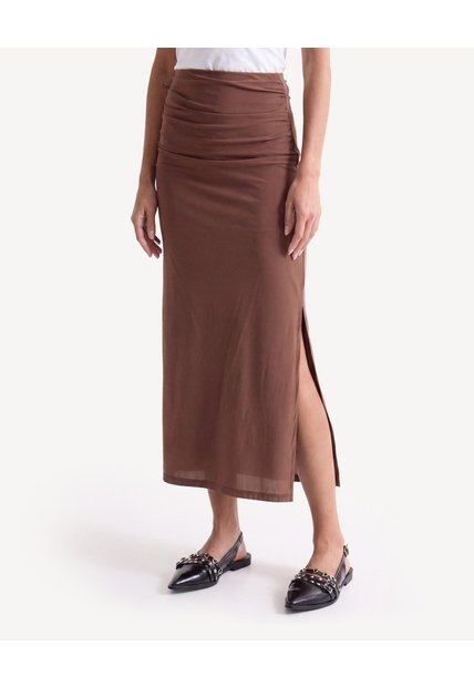 Falda Midi Con Recogidos Laterales  Para Mujer Café Seven Seven