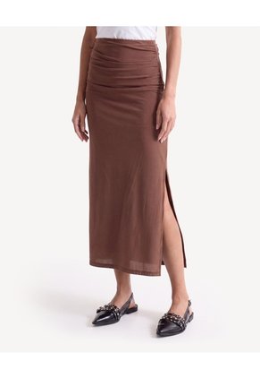 Falda Midi Con Recogidos Laterales Para Mujer Café Seven Seven
