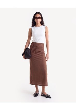 Falda Midi Con Recogidos Laterales Para Mujer Café Seven Seven