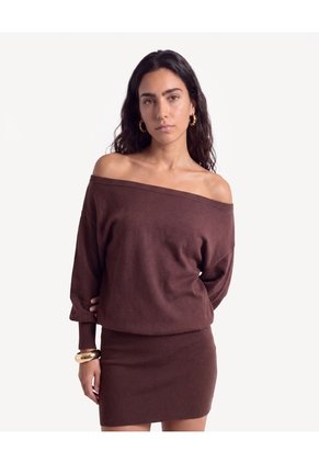 Vestido Kimono Off Shoulder De Punto  Para Mujer Café Seven Seven
