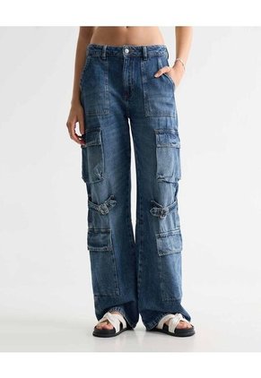 Jean Wide Cargo Azul Con Bolsillos  Para Mujer Azul Seven Seven