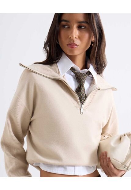 Buzo Tejido Con Cuello Alto Y Cremallera  Para Mujer Beige Seven Seven