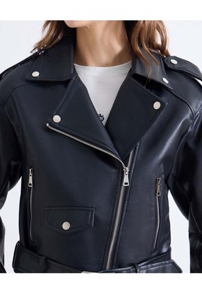 Chaqueta Biker De Cuero Sintético  Para Mujer Negro Seven Seven