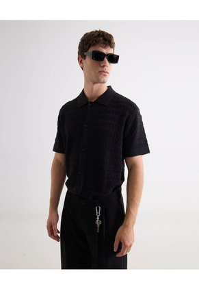 Camisa Tejida Texturizada Para Hombre Negro Seven Seven