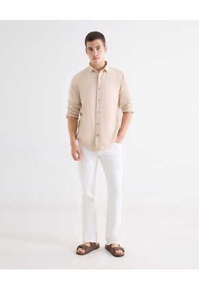Camisa Regular Rustica  Para Hombre Beige Seven Seven