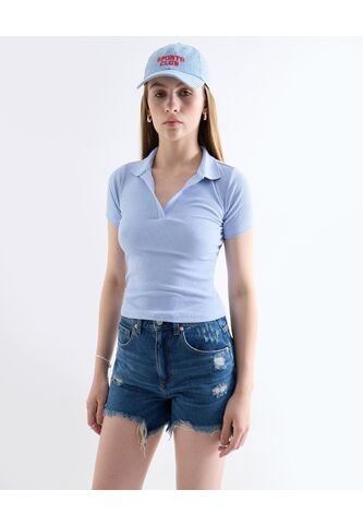 Camiseta Polo En Rib Con Contraste  Para Mujer Celeste Seven Seven Seven Seven