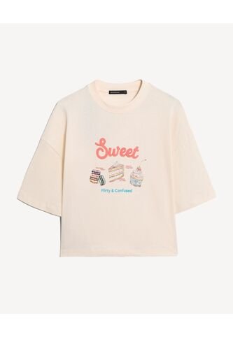 Camiseta Oversize Sweet Print  Para Mujer Beige Seven Seven Seven Seven