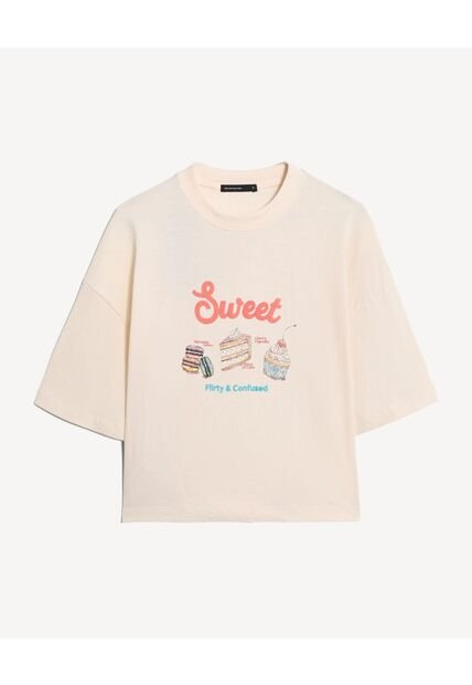 Camiseta Oversize Sweet Print  Para Mujer Beige Seven Seven