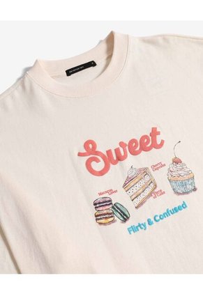 Camiseta Oversize Sweet Print  Para Mujer Beige Seven Seven