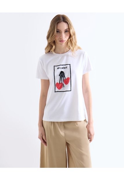 Camiseta Con Estampado De Cerezas  Para Mujer Marfil Seven Seven