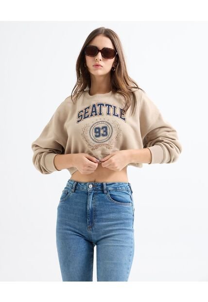 Buzo Crop Bordado Seattle  Para Mujer Beige Seven Seven