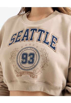 Buzo Crop Bordado Seattle  Para Mujer Beige Seven Seven