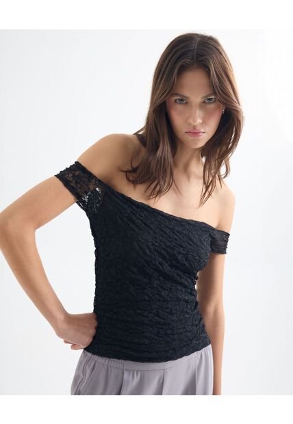 Blusa Off Shoulder En Encaje  Para Mujer Negro Seven Seven