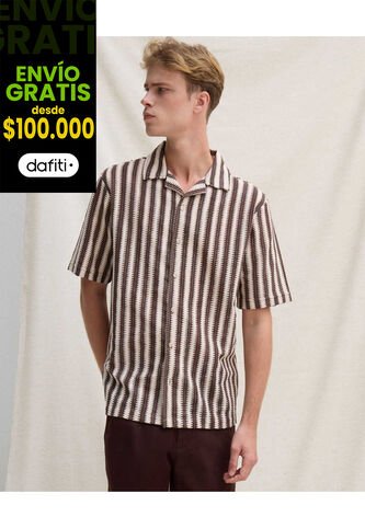 Camisa Resort Rayas Neutras  Para Hombre Café Seven Seven Seven Seven