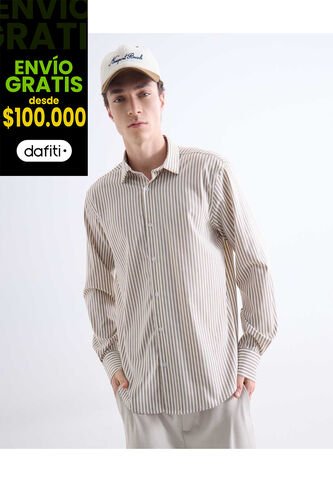 Camisa Rayas Manga Larga  Para Hombre Café Seven Seven Seven Seven
