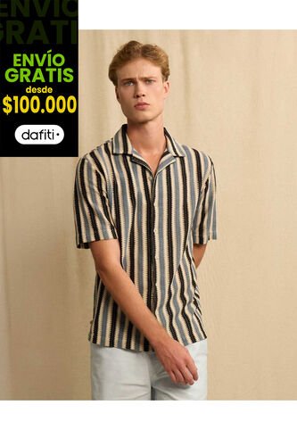 Camisa Resort Rayas Neutras  Para Hombre Azul Seven Seven Seven Seven