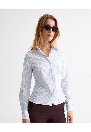 Camisa De Rayas Slim Fit Con Cuello Clásico  Para Mujer Azul Seven Seven