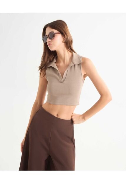 Crop Top Cuello Polo  Para Mujer Café Seven Seven