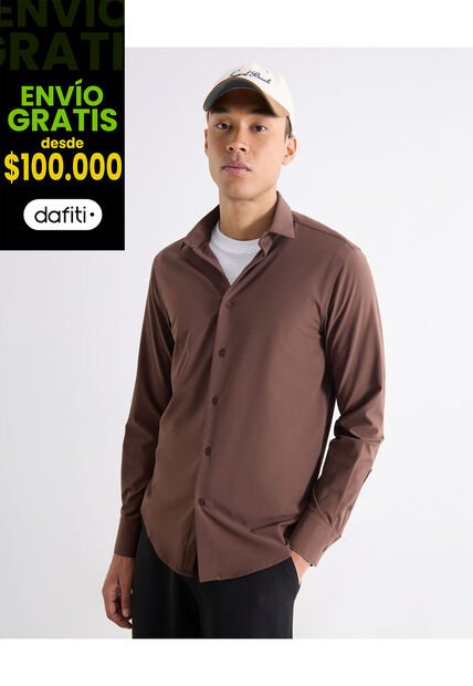 Camisa Regular Con Botonadura Frontal  Para Hombre Café Seven Seven