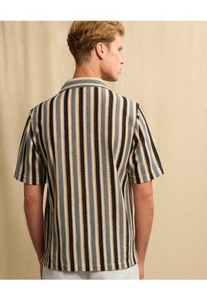 Camisa Resort Rayas Neutras  Para Hombre Azul Seven Seven