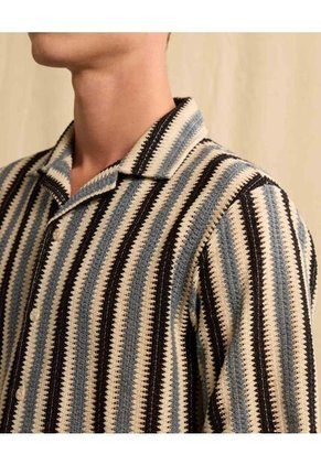 Camisa Resort Rayas Neutras  Para Hombre Azul Seven Seven