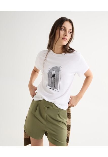 Camiseta Estampada Con Bordado  Para Mujer Crudo Seven Seven