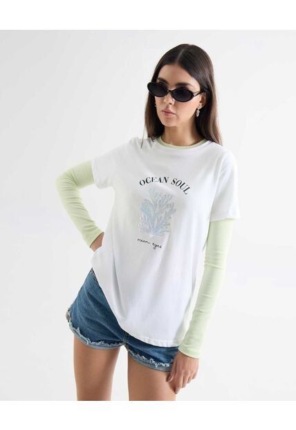 Camiseta Aplique Metalizado  Para Mujer Crudo Seven Seven