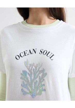 Camiseta Aplique Metalizado  Para Mujer Crudo Seven Seven