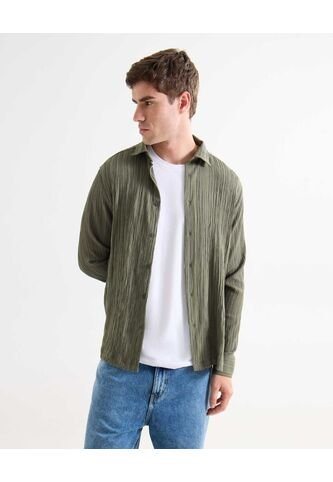 Camisa Manga Larga Textura Arrugada  Para Hombre Verde Seven Seven Seven Seven