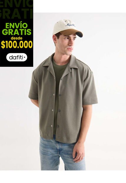 Camisa Resort Cuello Abierto  Para Hombre Verde Seven Seven