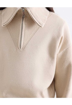 Buzo Tejido Con Cuello Alto Y Cremallera  Para Mujer Beige Seven Seven