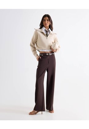 Buzo Tejido Con Cuello Alto Y Cremallera  Para Mujer Beige Seven Seven