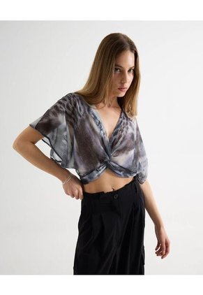 Blusa Torsión Estampada En Chiffon  Para Mujer Gris Seven Seven
