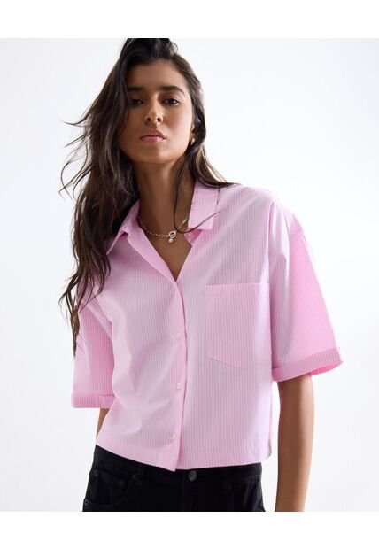 Camisa Cropped Rayas Manga Corta  Para Mujer Rosado Seven Seven
