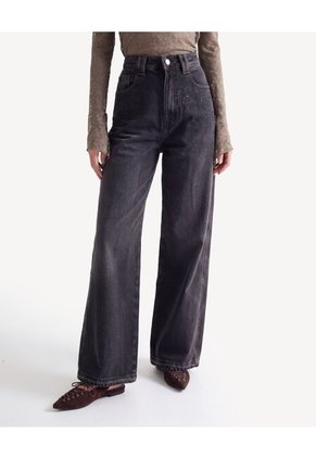Jean Wide Leg Ruedo Desbaratado Para Mujer Negro Seven Seven