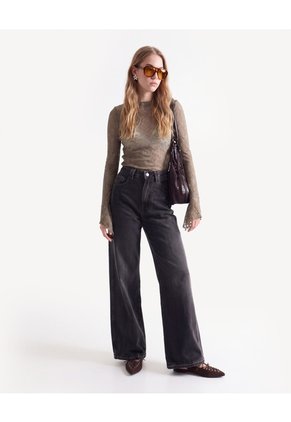Jean Wide Leg Ruedo Desbaratado Para Mujer Negro Seven Seven