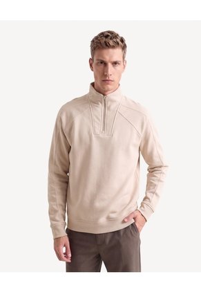 Buzo Boxy Cuello Alto Halfzipper Para Hombre Beige Seven Seven