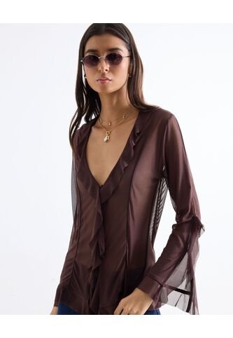 Blusa Malla Drapeada Boleros Frontales  Para Mujer Café Seven Seven Seven Seven