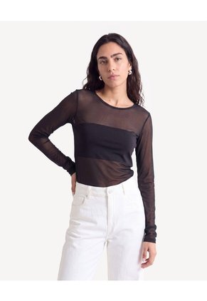 Camiseta Tipo Body En Mesh  Para Mujer Negro Seven Seven