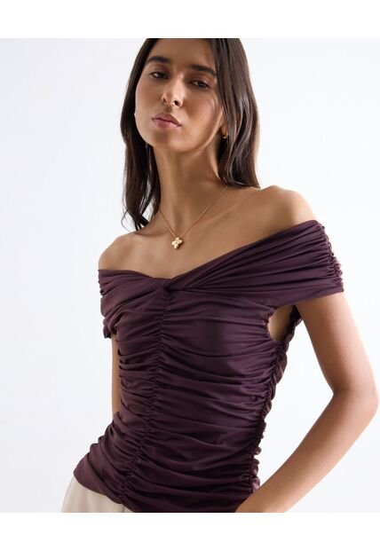 Top Drapeado Hombros Descubiertos  Para Mujer Café Seven Seven