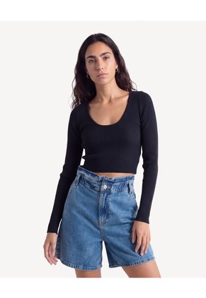 Camiseta Seamless Manga Larga  Para Mujer Negro Seven Seven