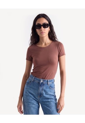 Camiseta Tipo Body Manga Corta Silueta Definida  Para Mujer Café Seven Seven