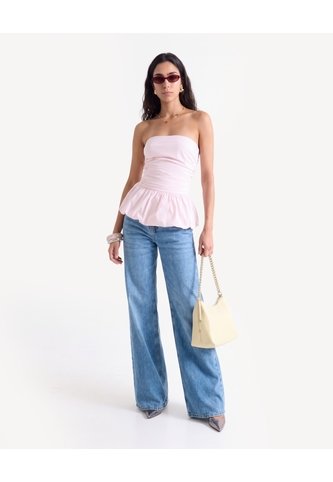 Blusa Strapless Con Peplum  Para Mujer Rosado Seven Seven Seven Seven