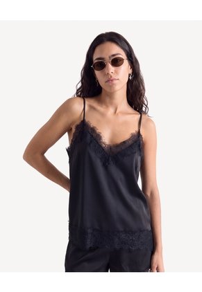 Blusa Encaje Escote En V  Para Mujer Negro Seven Seven