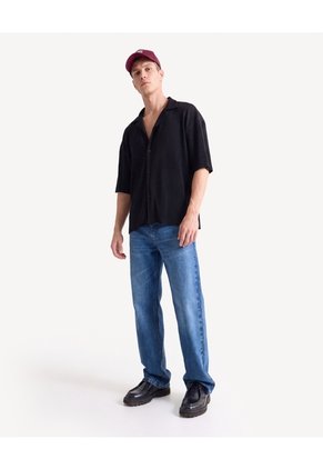 Camisa Plisada Cuello Resort Para Hombre Negro Seven Seven
