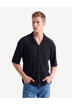 Camisa Plisada Cuello Resort Para Hombre Negro Seven Seven
